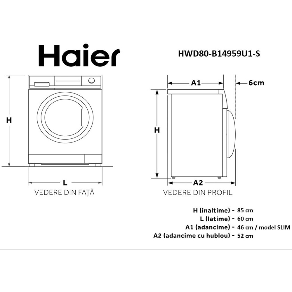 Masina de spalat frontala slim cu uscator HAIER HWD80-B14959U1-S, iRefresh, 8/5 kg, 1400rpm, Clasa A/D, alb