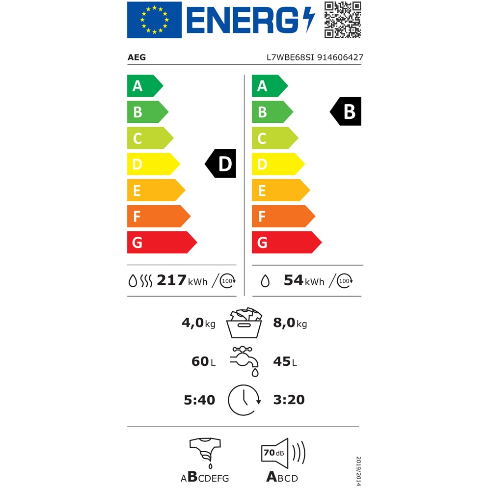 Masina de spalat rufe incorporabila cu uscator AEG L7WBE68SI Seria 7000, 8/4 kg, 1600rpm, Clasa B/D, alb