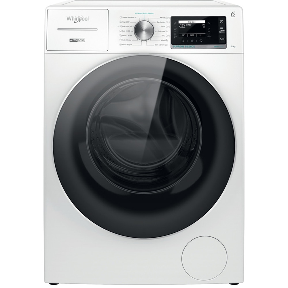 Masina de spalat rufe frontala WHIRLPOOL W8X 89AD SILENCE EE, Steam, 6th Sense, 8 kg, 1400rpm, Clasa A, alb