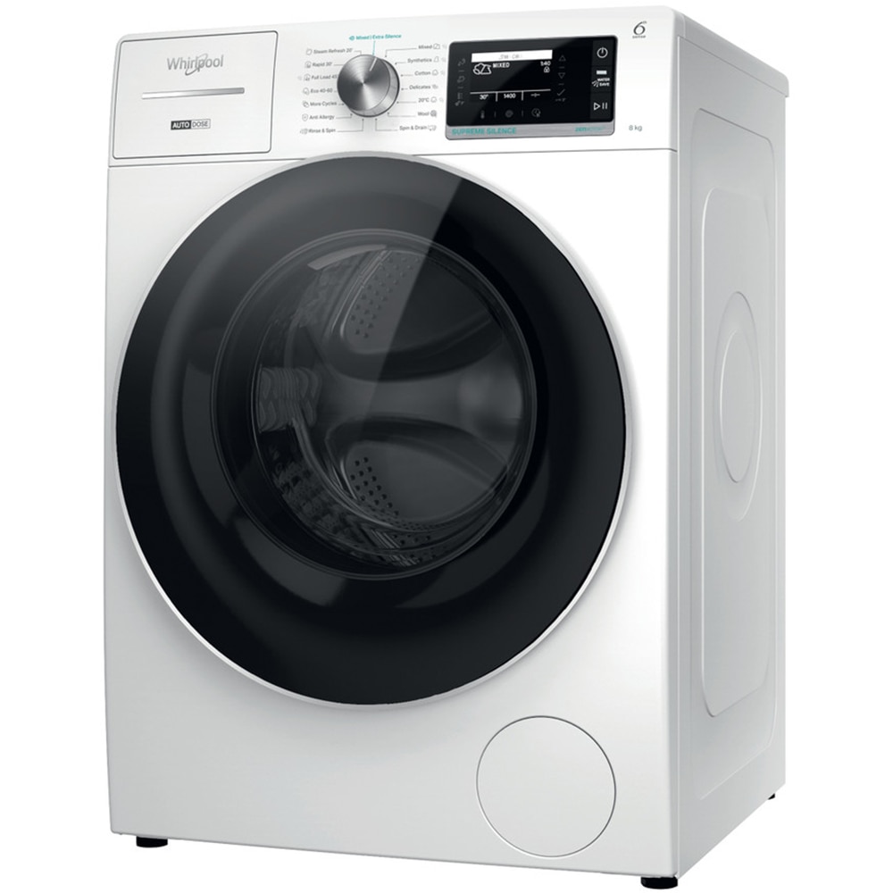 Masina de spalat rufe frontala WHIRLPOOL W8X 89AD SILENCE EE, Steam, 6th Sense, 8 kg, 1400rpm, Clasa A, alb