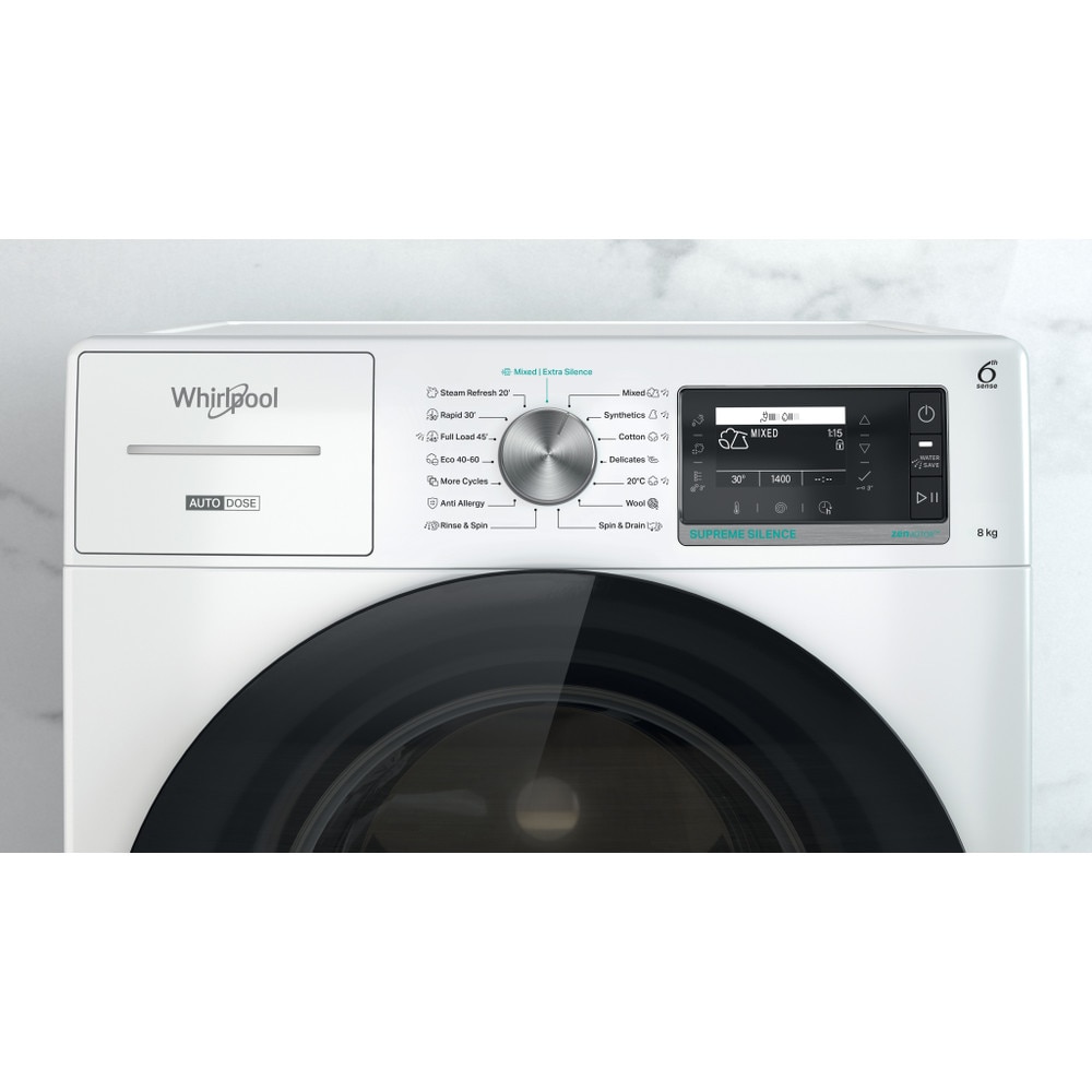 Masina de spalat rufe frontala WHIRLPOOL W8X 89AD SILENCE EE, Steam, 6th Sense, 8 kg, 1400rpm, Clasa A, alb