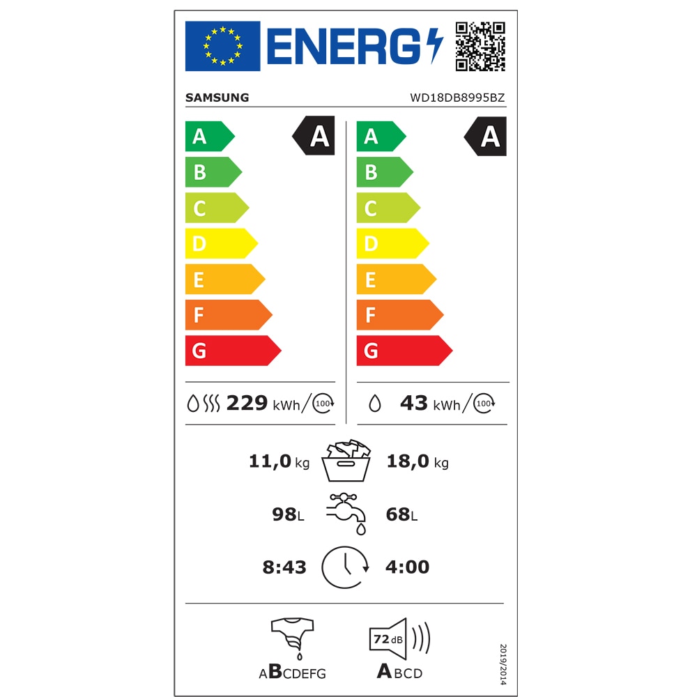 Masina de spalat rufe frontala cu uscator SAMSUNG WD18DB8995BZT2, AI EcoBubble, AI Energy, 18/11 kg, 1000rpm, Clasa A, negru