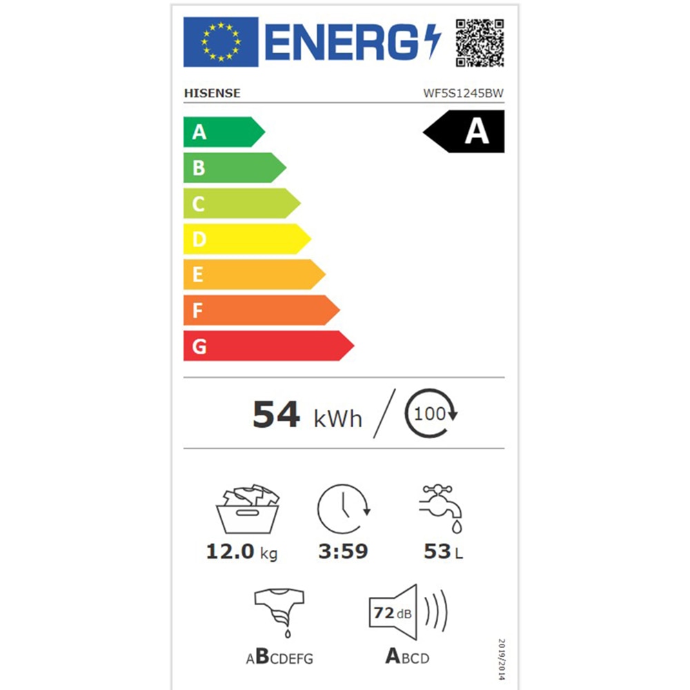 Masina de spalat rufe frontala HISENSE WF5S1245BW, Steam, 12 kg, 1400rpm, Clasa A, alb