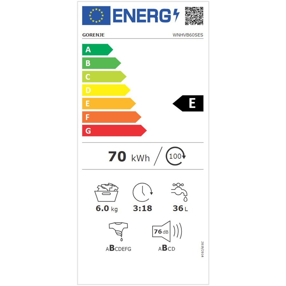 Masina de spalat rufe frontala slim GORENJE WNHVB60SES, SteamTech, 6 kg, 1000rpm, Clasa E, alb