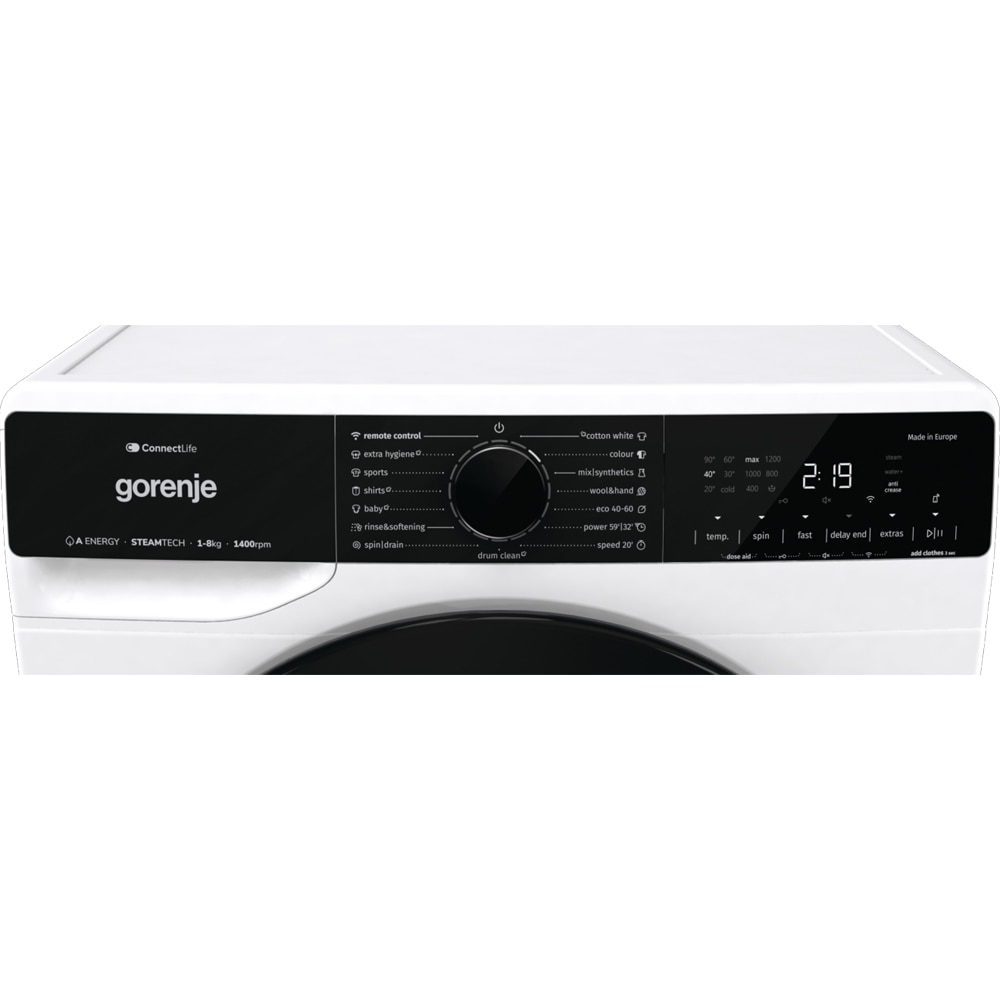 Masina de spalat rufe frontala GORENJE WPNA84A2TSWIFI, SteamTech, 8 kg, 1400rpm, Clasa A, Wi-Fi, alb