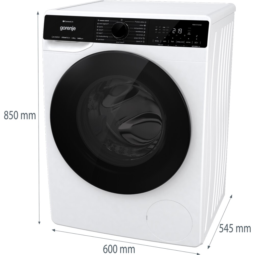 Masina de spalat rufe frontala GORENJE WPNA84A2TSWIFI, SteamTech, 8 kg, 1400rpm, Clasa A, Wi-Fi, alb