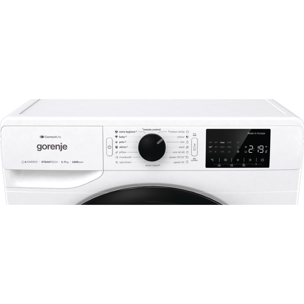 Masina de spalat rufe frontala GORENJE WPNEI74A1SWIFI, SteamTech, 7 kg, 1400rpm, Clasa A, Wi-Fi, alb
