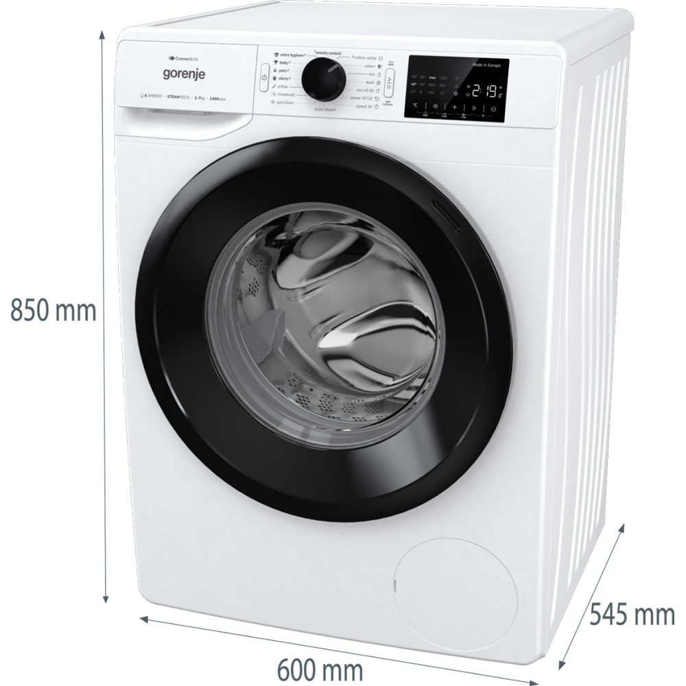 Masina de spalat rufe frontala GORENJE WPNEI74A1SWIFI, SteamTech, 7 kg, 1400rpm, Clasa A, Wi-Fi, alb