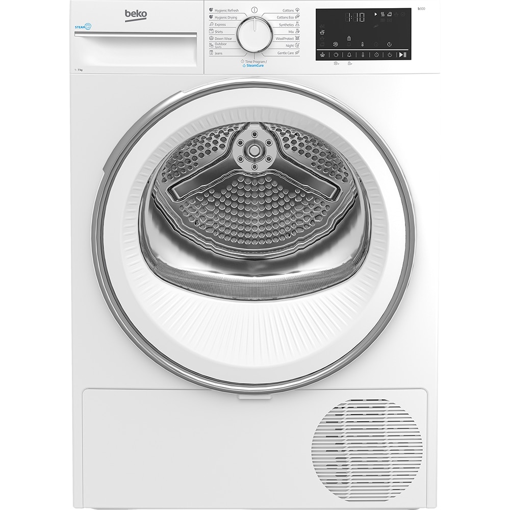 Uscator de rufe BEKO B3T41242, SteamCure, Pompa de caldura, 7 kg, 15 programe, Clasa C, alb