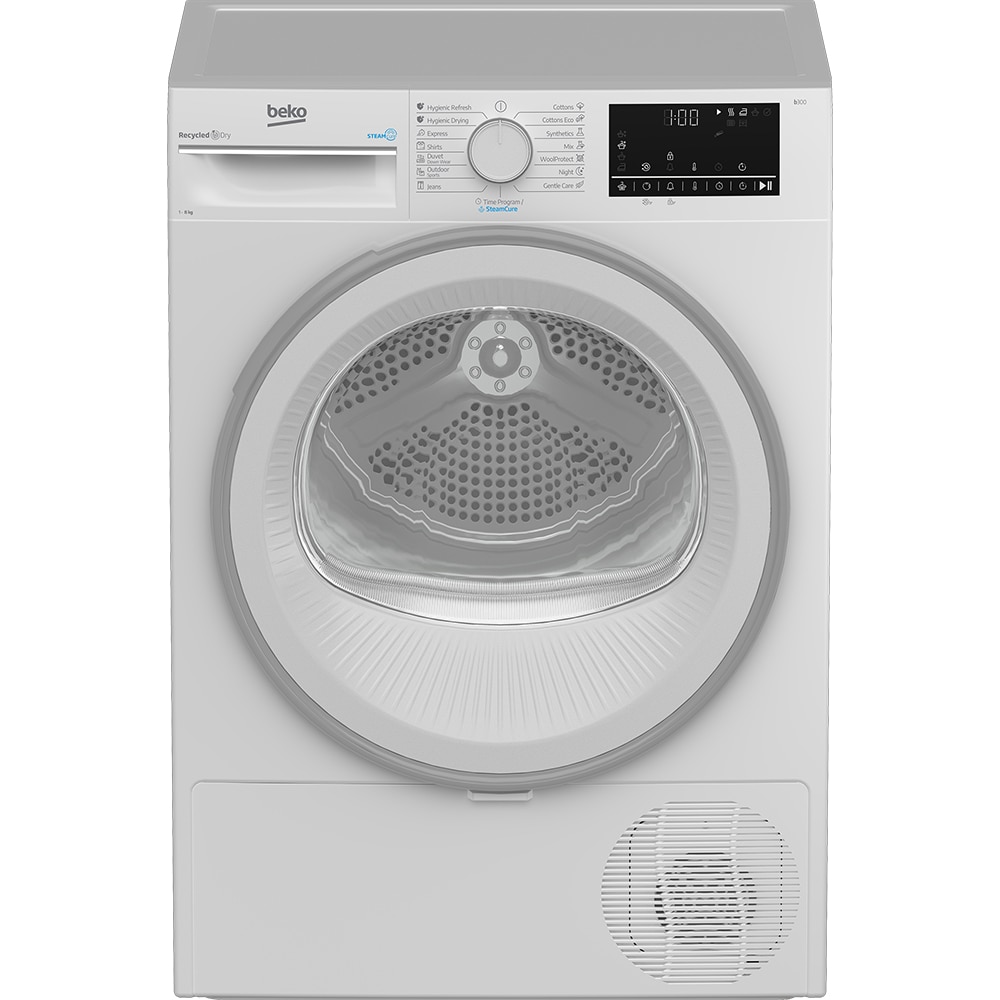 Uscator de rufe BEKO B3T42242, SteamCure, Pompa de caldura, 8kg, 15 programe, Clasa C, alb