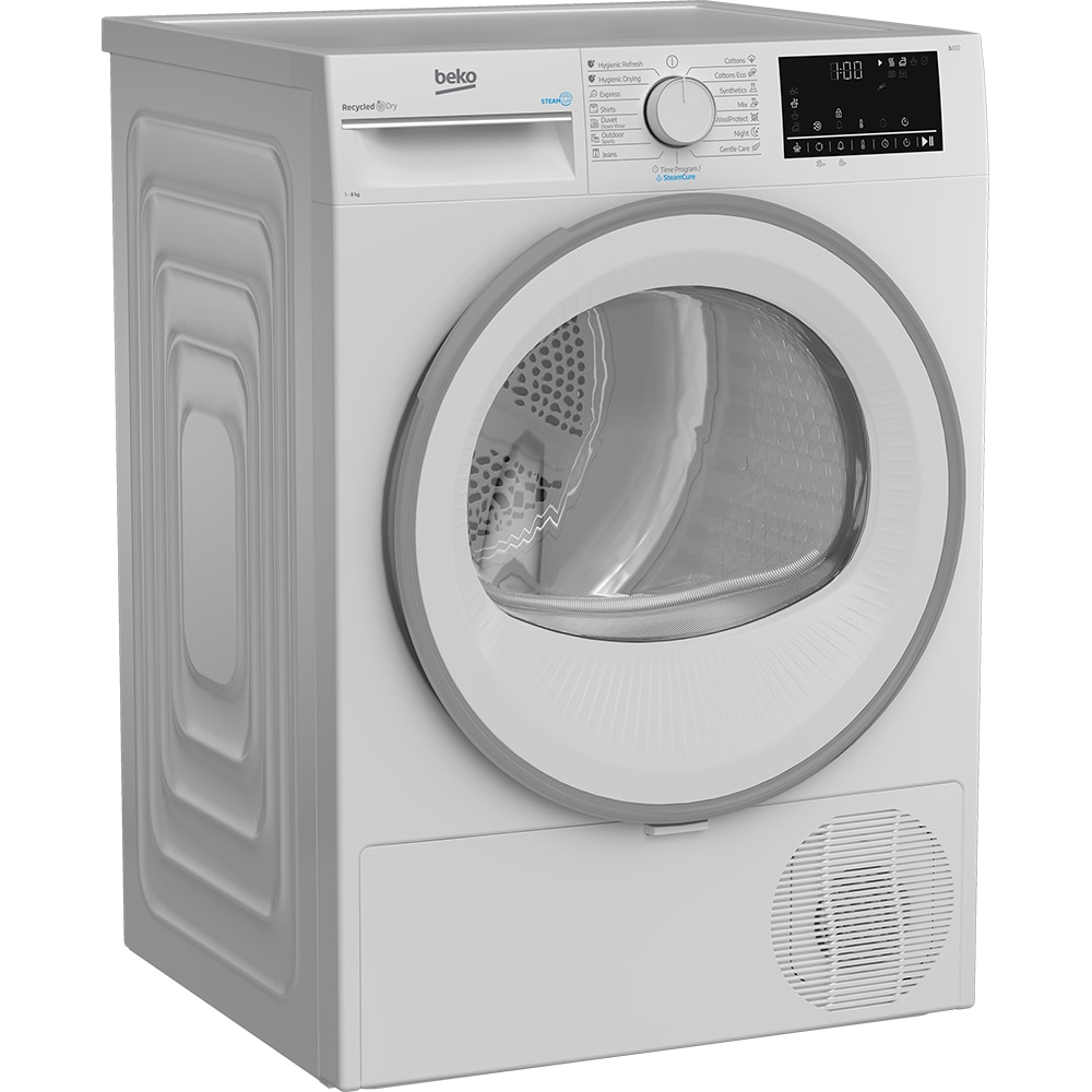 Uscator de rufe BEKO B3T42242, SteamCure, Pompa de caldura, 8kg, 15 programe, Clasa C, alb