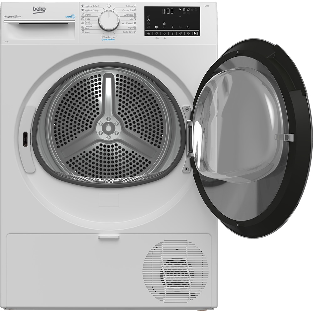 Uscator de rufe BEKO B3T42242, SteamCure, Pompa de caldura, 8kg, 15 programe, Clasa C, alb