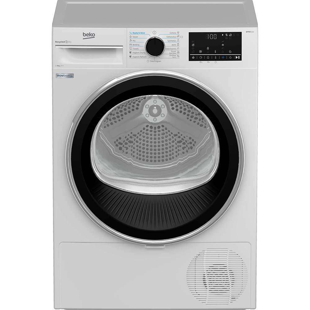 Uscator de rufe BEKO B5T68233, Pompa de caldura, 8kg, 15 programe, Clasa E, alb