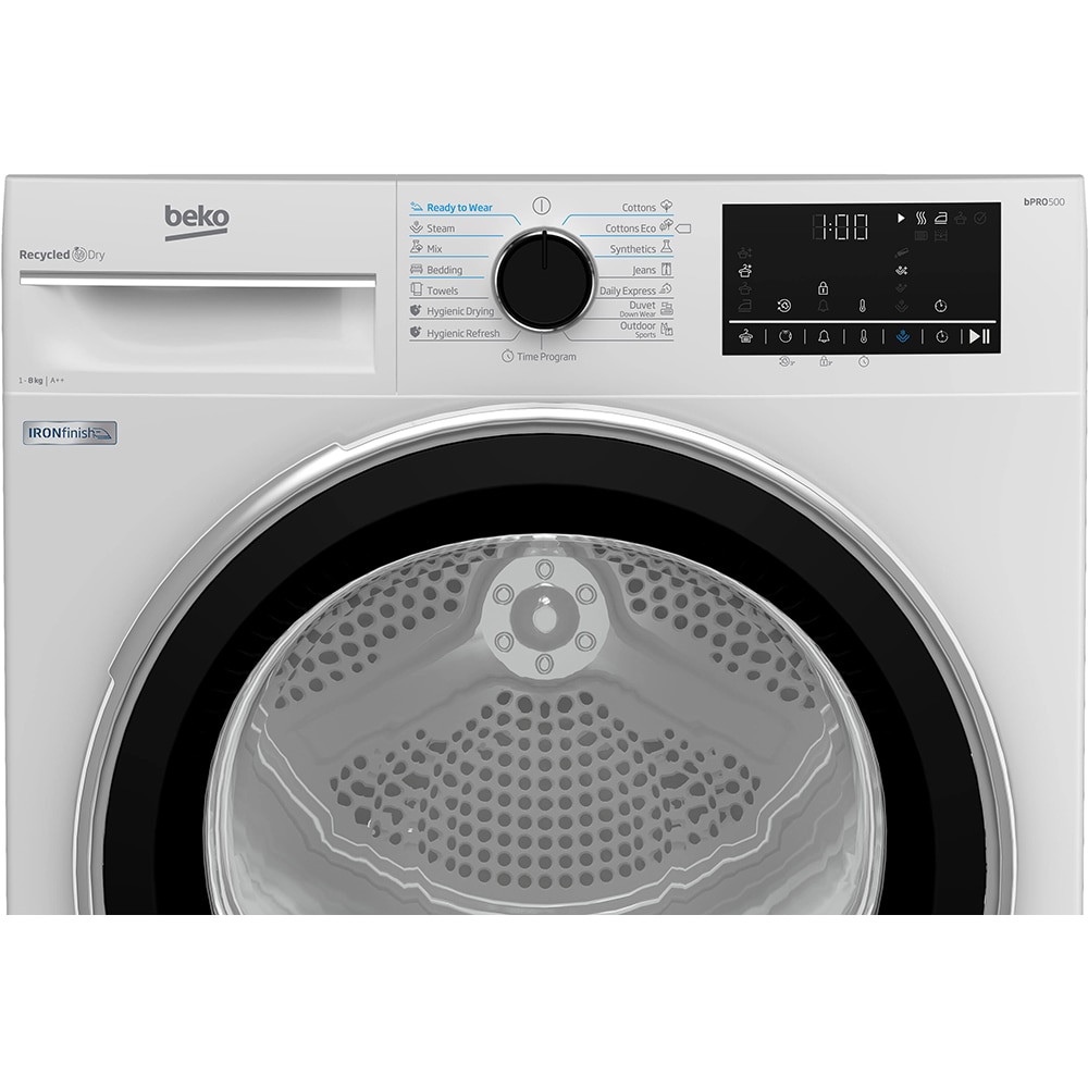 Uscator de rufe BEKO B5T68233, Pompa de caldura, 8kg, 15 programe, Clasa E, alb