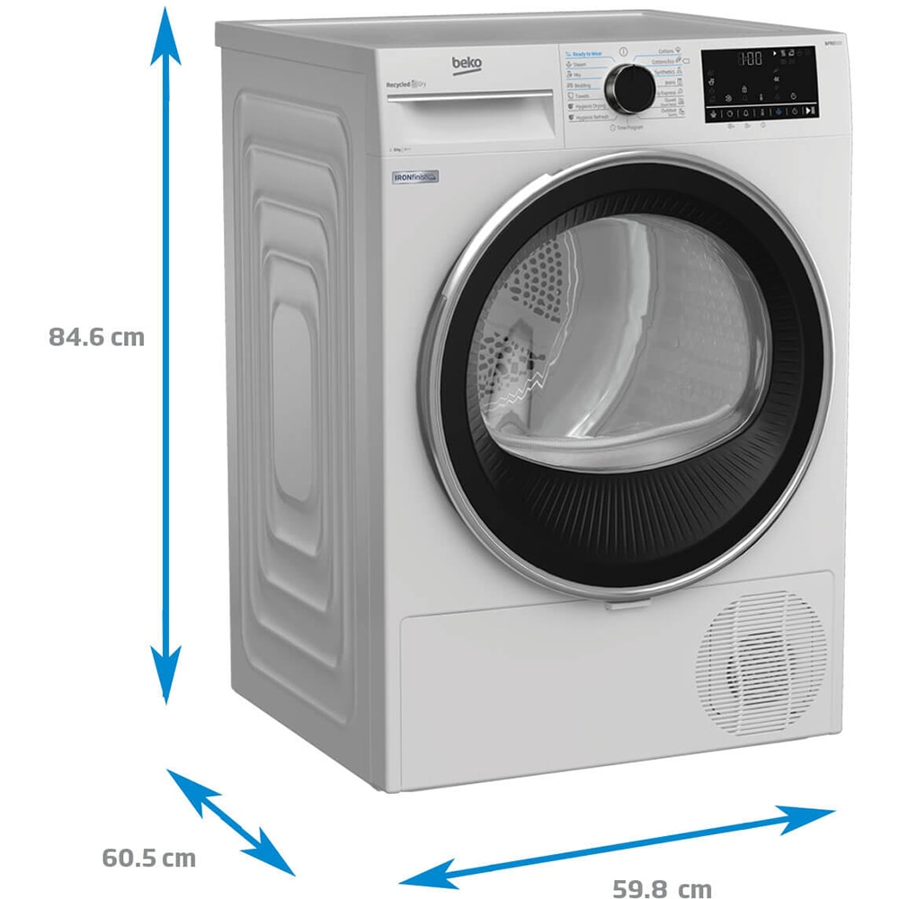 Uscator de rufe BEKO B5T68233, Pompa de caldura, 8kg, 15 programe, Clasa E, alb