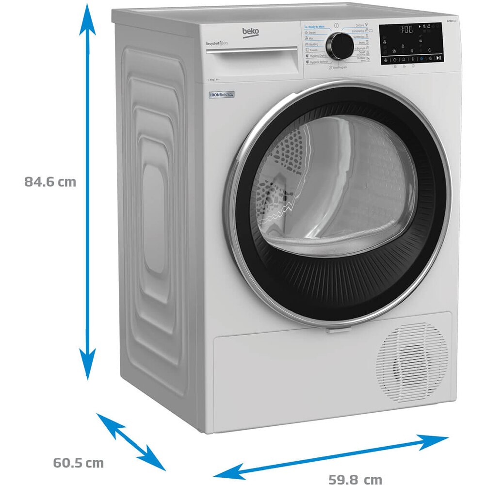Uscator de rufe BEKO B5T69233, Pompa de caldura, 9kg, 15 programe, Clasa E, alb