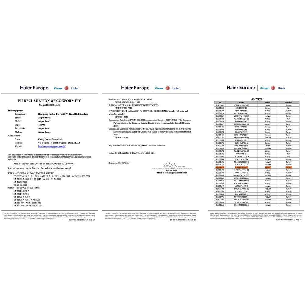 Uscator de rufe slim CANDY CSO4H7A2DE-S, Pompa de caldura, 7 kg, 14 programe, Clasa E, Wi-Fi, alb