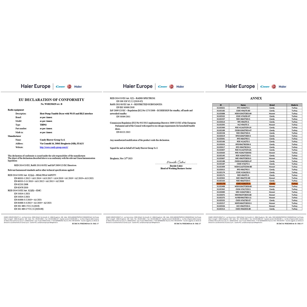 Uscator de rufe CANDY CSOE H10A2TE-S, Pompa de caldura, 10 kg, 14 programe, Clasa E, Wi-Fi, alb