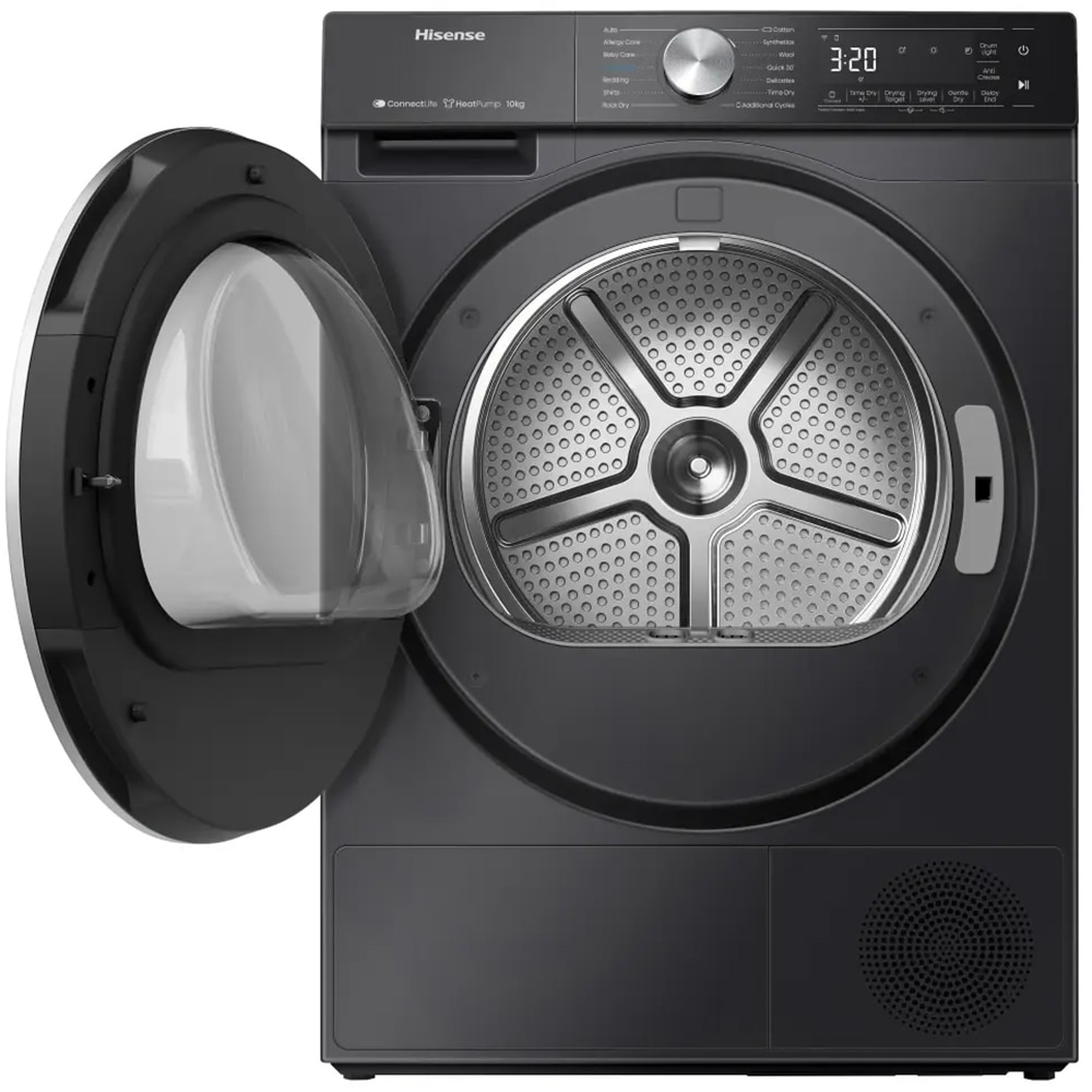 Uscator de rufe HISENSE DH5S102BB, Pompa de caldura, 10 kg, 17 programe, Clasa C, Wi-Fi, negru
