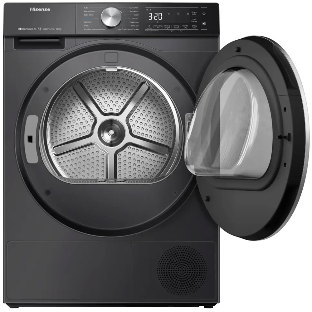 Uscator de rufe HISENSE DH5S102BB, Pompa de caldura, 10 kg, 17 programe, Clasa C, Wi-Fi, negru