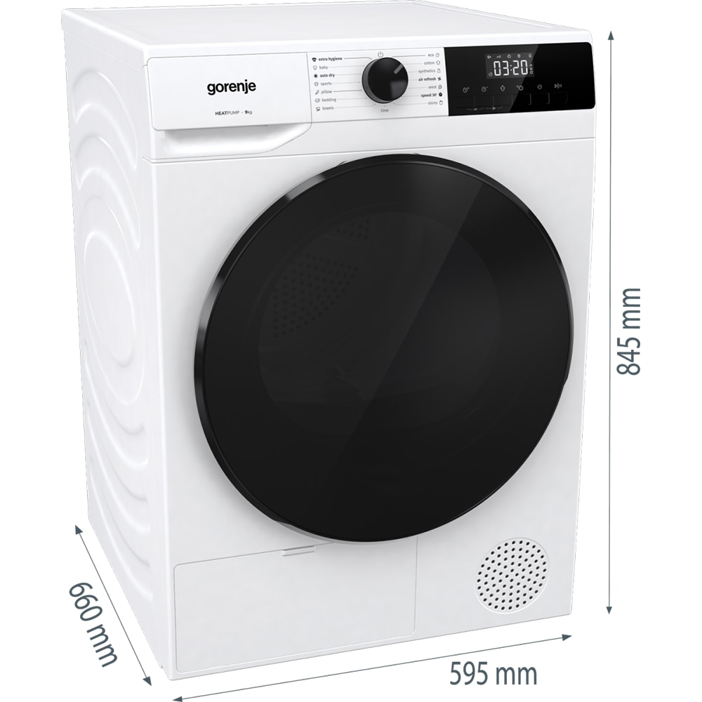 Uscator de rufe GORENJE DHNA93, Pompa de caldura, 9 kg, 15 programe, Clasa C, alb