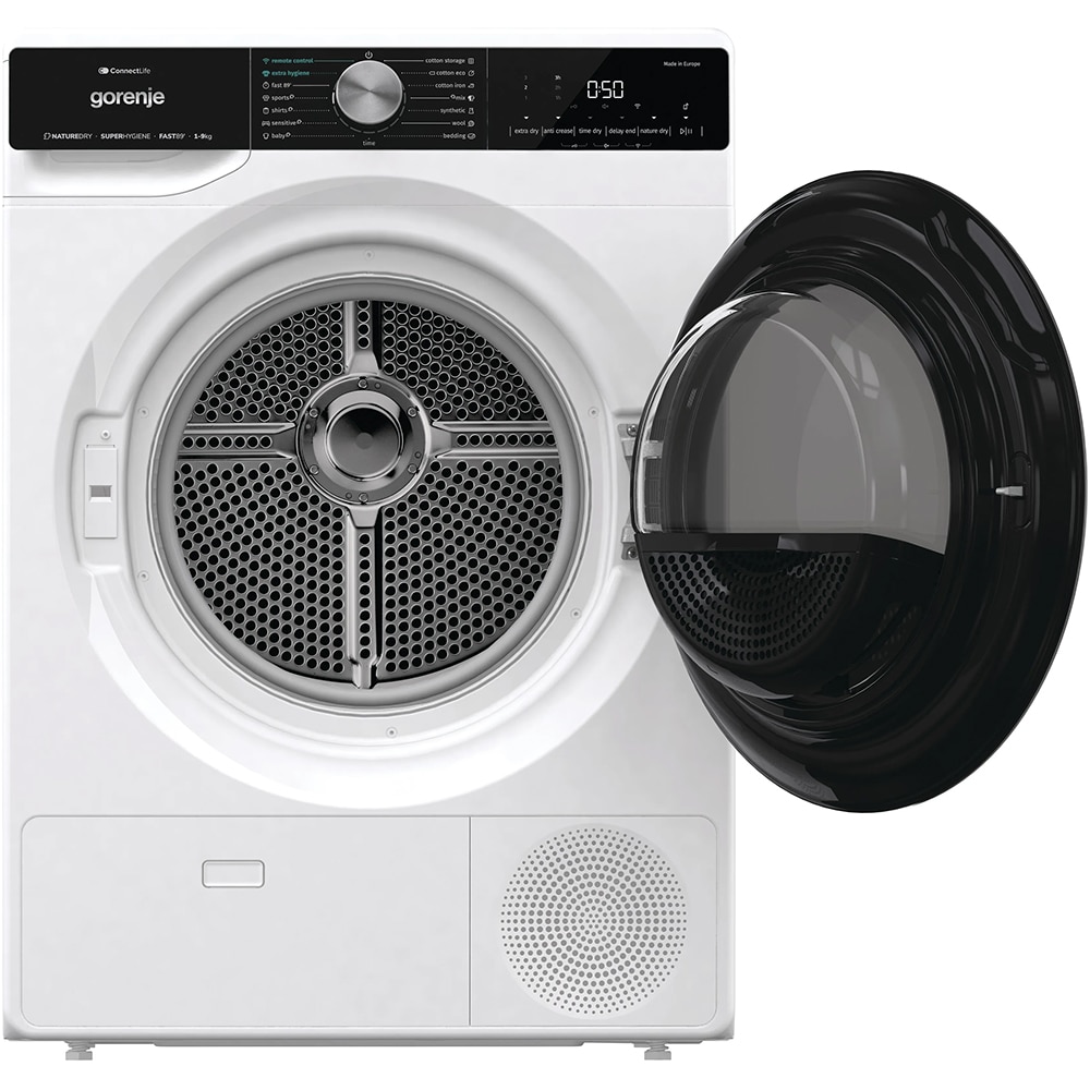 Uscator de rufe GORENJE DNS93, Pompa de caldura, 9 kg, 15 programe, Clasa C, Wi-Fi, alb