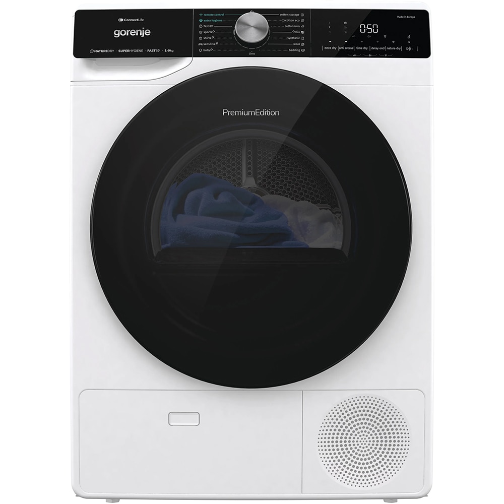 Uscator de rufe GORENJE DNS93, Pompa de caldura, 9 kg, 15 programe, Clasa C, Wi-Fi, alb