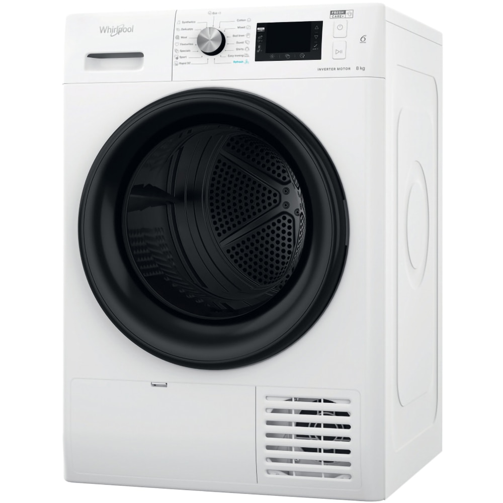 Uscator de rufe WHIRLPOOL FFT D 8X3B EE, 6th Sense, Condensare si pompa de caldura, 8 kg, 19 programe, Clasa C, alb