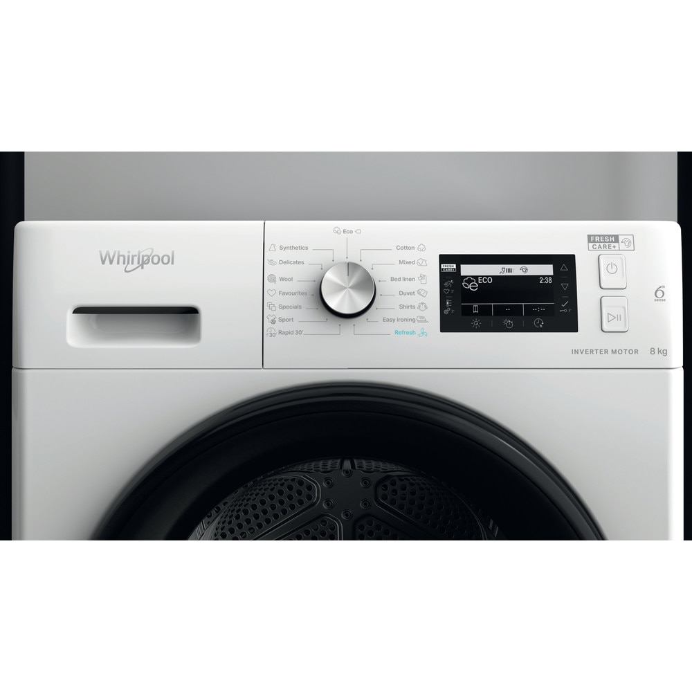 Uscator de rufe WHIRLPOOL FFT D 8X3B EE, 6th Sense, Condensare si pompa de caldura, 8 kg, 19 programe, Clasa C, alb