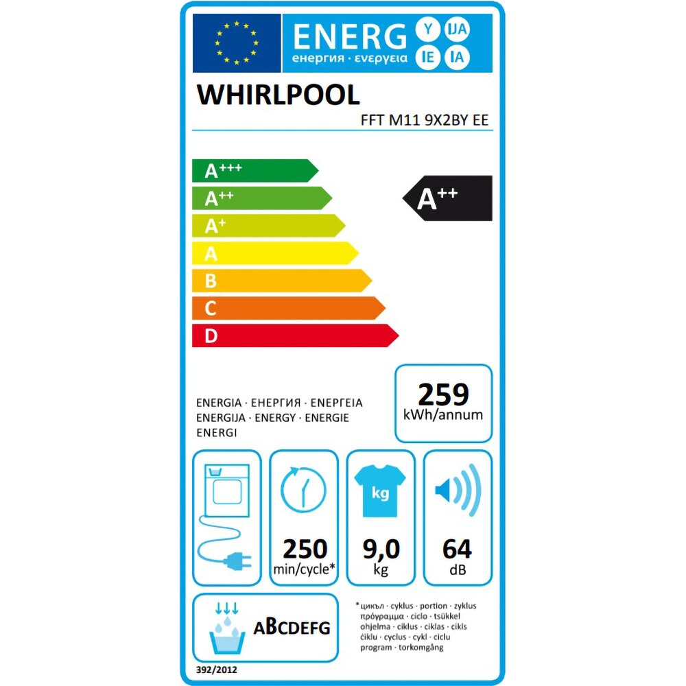 Uscator de rufe WHIRLPOOL FFT M11 9X2BY EE, 6th Sense, Condensare si pompa de caldura, 9 kg, 15 programe, Clasa A++, alb