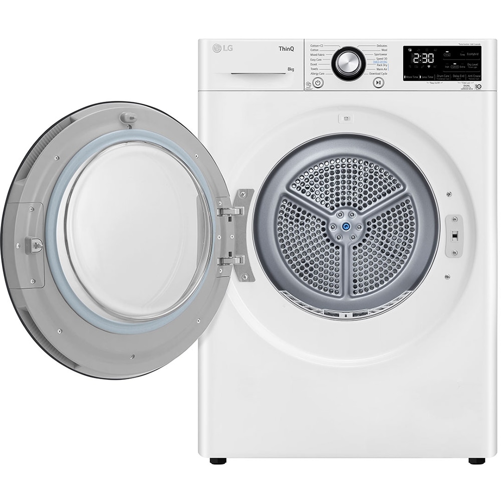 Uscator de rufe LG RH80V3AVBN, ThinQ, Pompa de caldura, 8 kg, 14 programe, Clasa D, alb