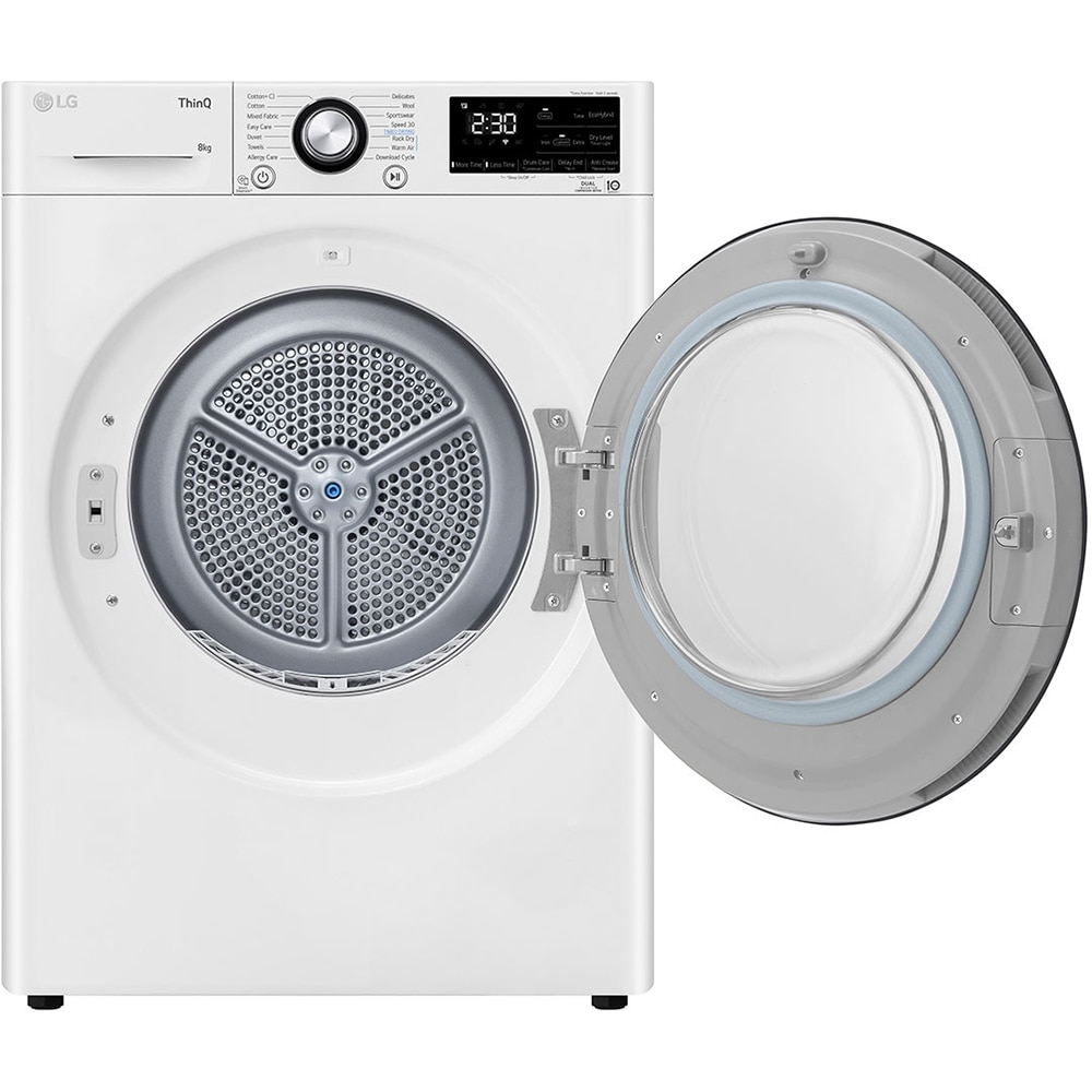 Uscator de rufe LG RH80V3AVBN, ThinQ, Pompa de caldura, 8 kg, 14 programe, Clasa D, alb