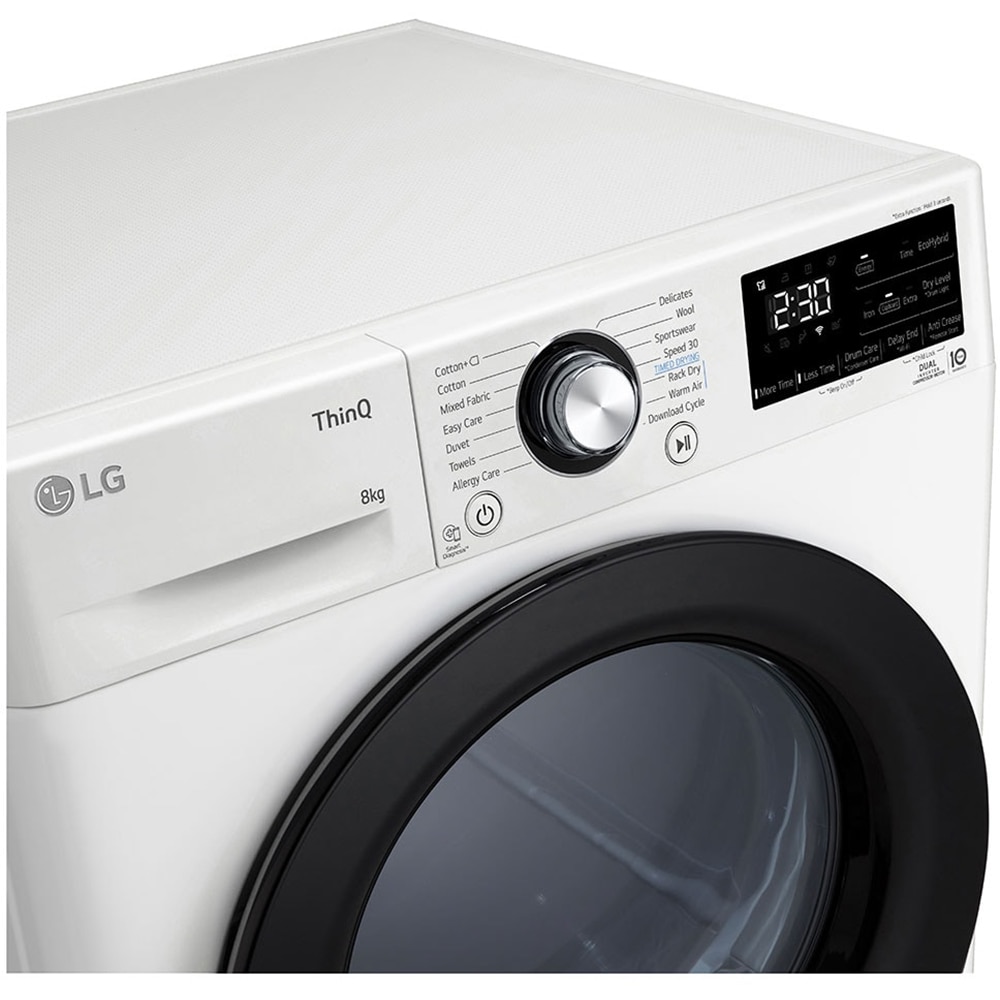 Uscator de rufe LG RH80V3AVBN, ThinQ, Pompa de caldura, 8 kg, 14 programe, Clasa D, alb