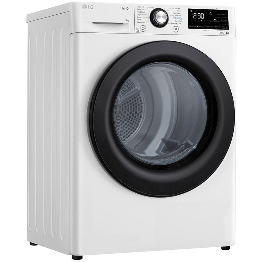Uscator de rufe LG RH80V3AVBN, ThinQ, Pompa de caldura, 8 kg, 14 programe, Clasa D, alb