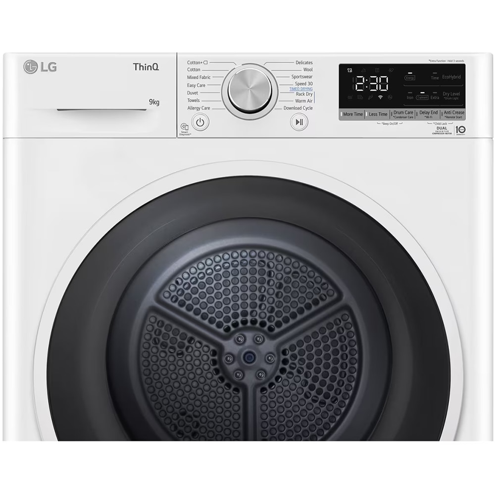 Uscator de rufe LG RH90V5AV6N, SmartThinQ, Condensare si pompa de caldura, 9 kg, 14 programe, Clasa D, alb