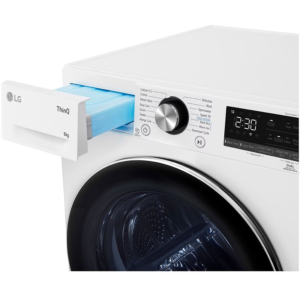 Uscator de rufe LG RH90V9AV2N, SmartThinQ, Condensare si pompa de caldura, 9 kg, 15 programe, Clasa C, alb