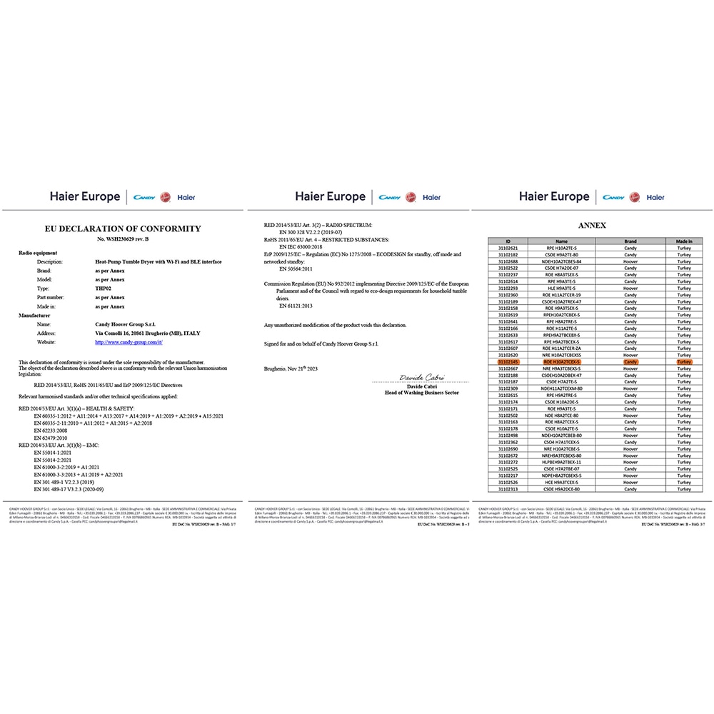 Uscator de rufe CANDY Rapido ROE H10A2TCEX-S, Pompa de caldura, 10 kg, 14 programe, Clasa E, Wi-Fi, alb