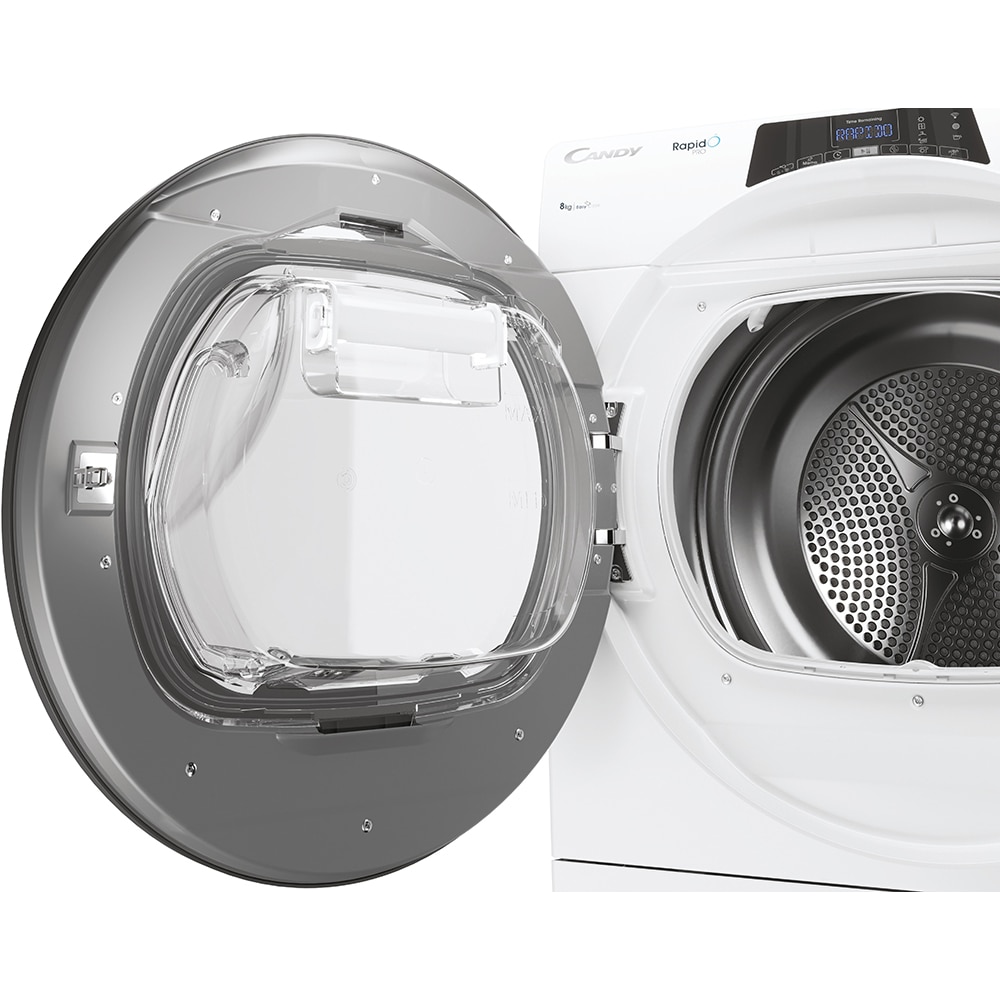 Uscator de rufe CANDY Rapido Pro RPE H8A2TRE-S, Pompa de caldura, 8 kg, 14 programe, Clasa E, Wi-Fi, alb