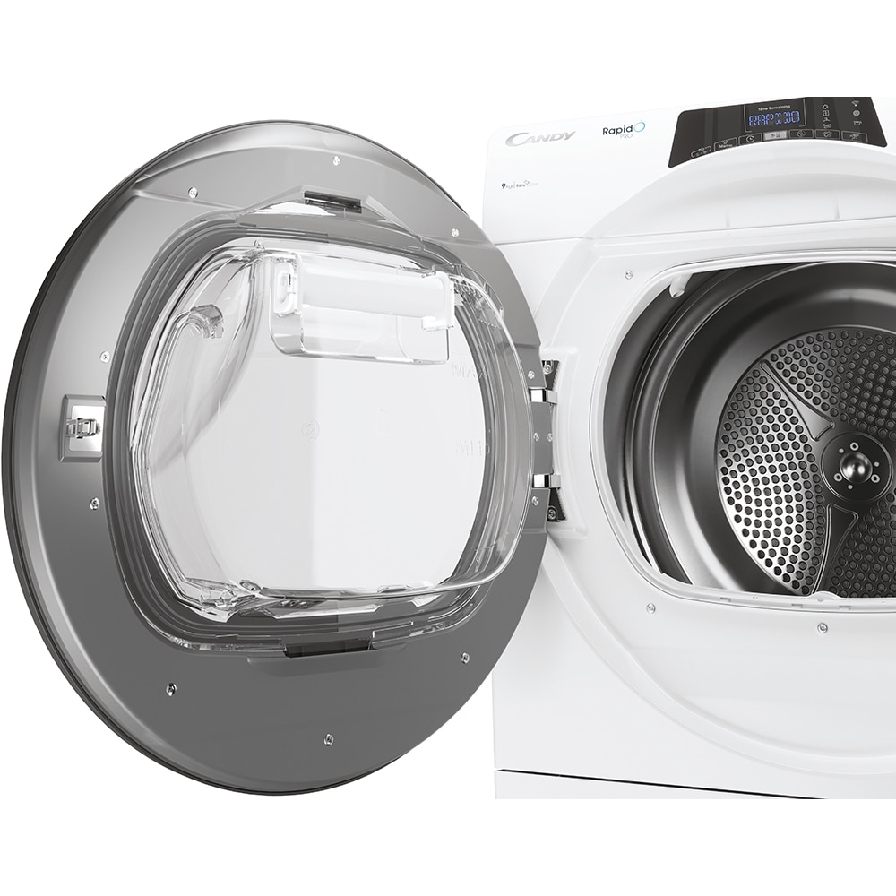 Uscator de rufe CANDY Rapido Pro RPE H9A2TRE-S, Pompa de caldura, 9 kg, 14 programe, Clasa E, Wi-Fi, alb