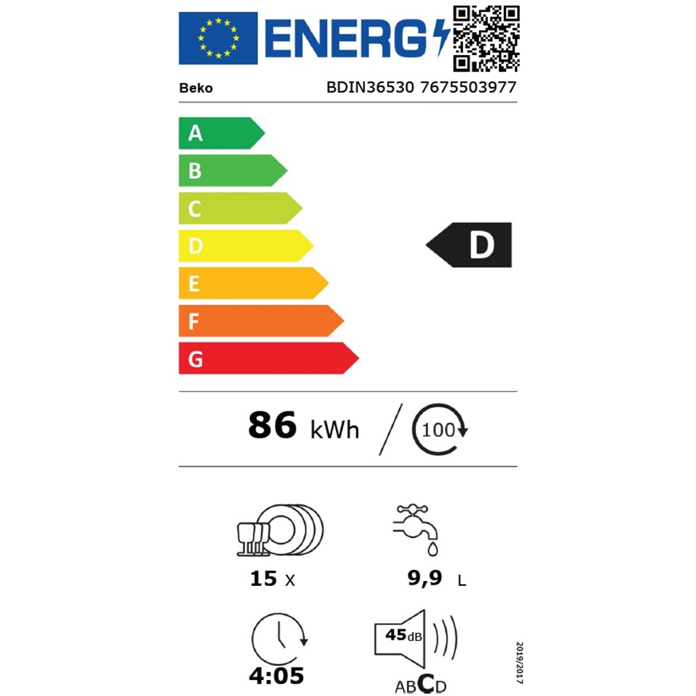 Masina de spalat vase incorporabila BEKO BDIN36530, 15 seturi, 6 programe, 60 cm, Clasa D, panou comanda negru