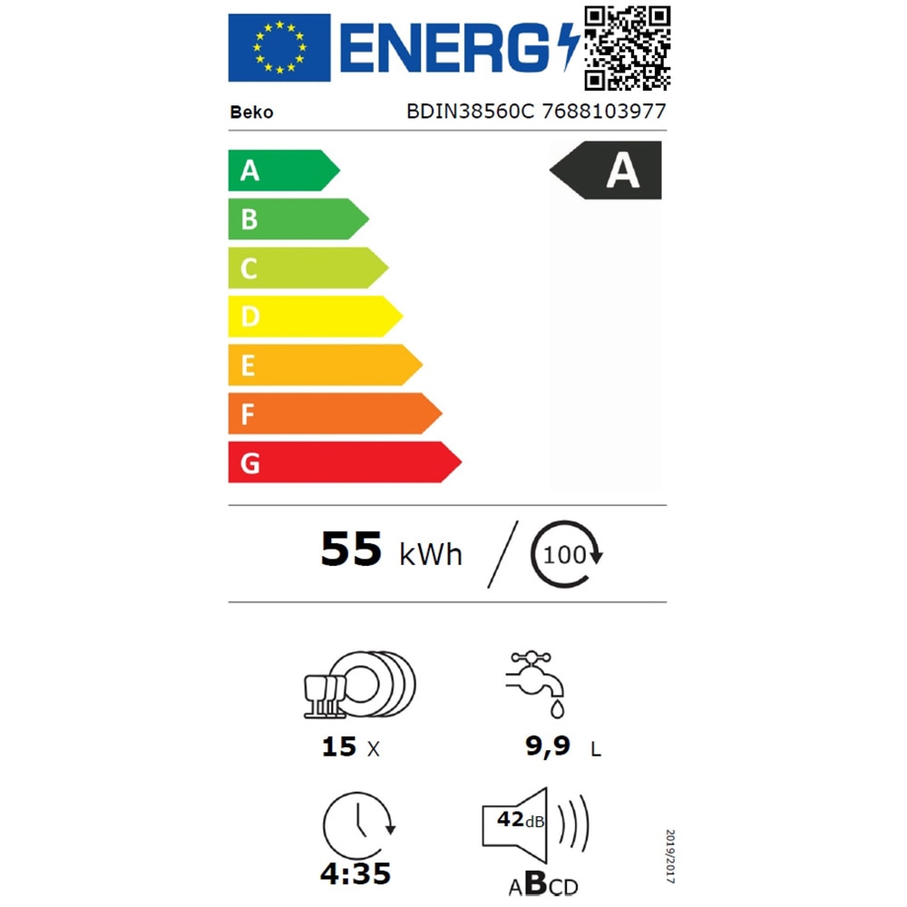 Masina de spalat vase incorporabila BEKO BDIN38560C, 15 seturi, 8 programe, 60 cm, Clasa A, panou comanda negru