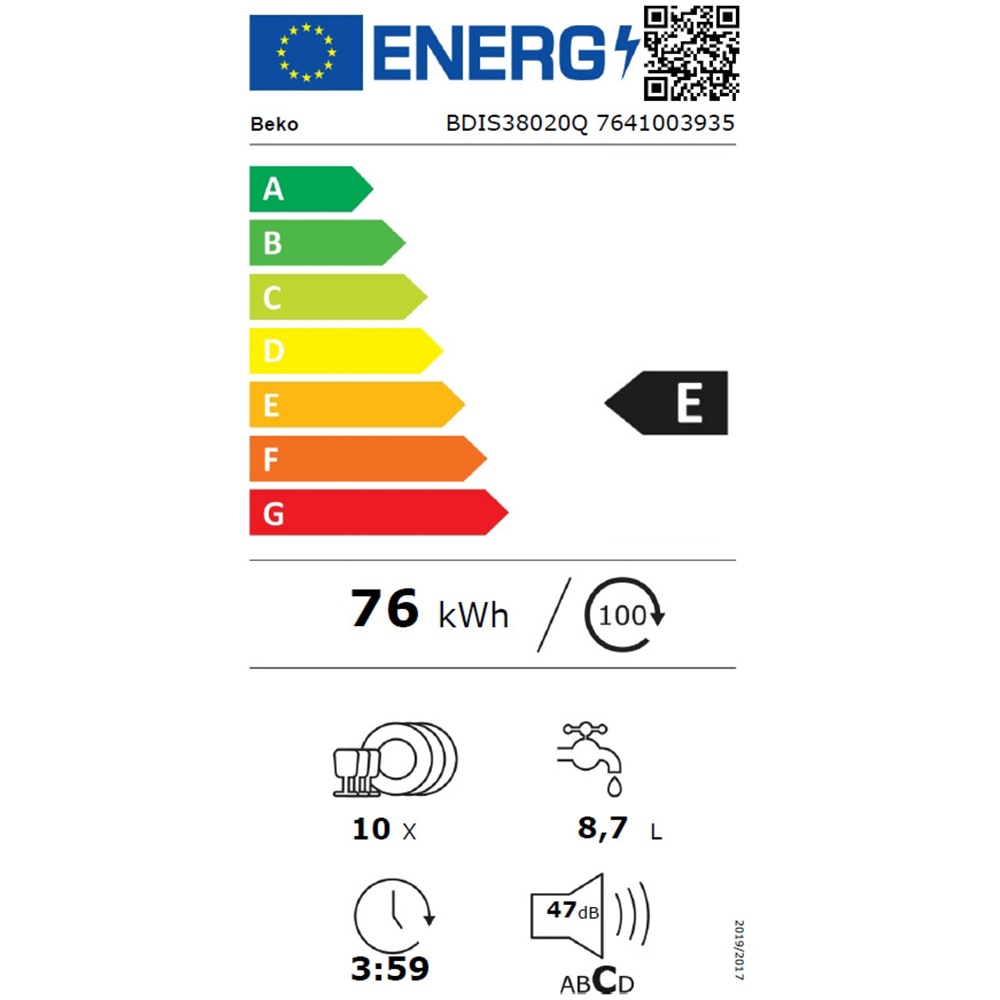 Masina de spalat vase incorporabila BEKO BDIS38020Q, 10 seturi, 8 programe, 45 cm, Clasa E, panou comanda negru