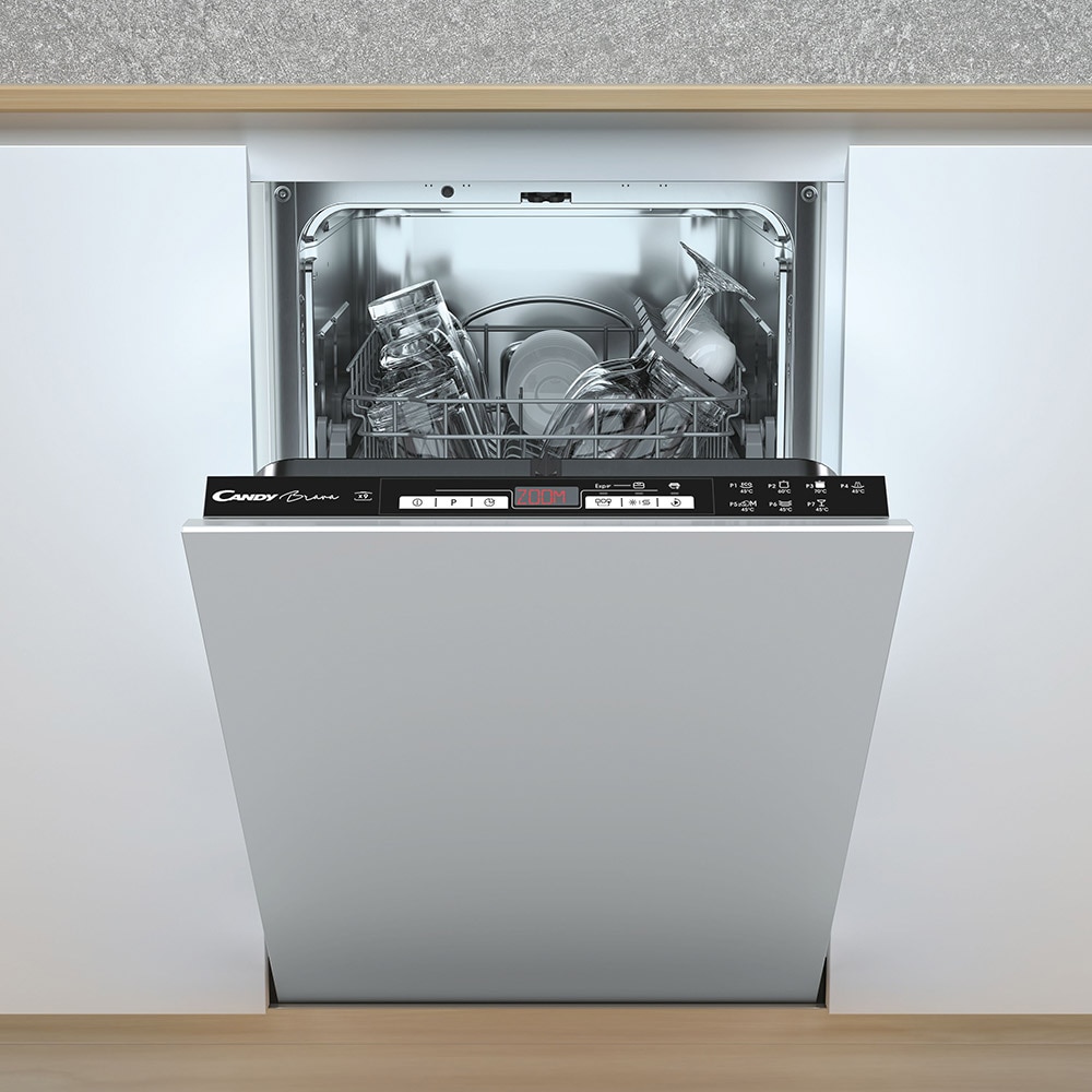 Masina de spalat vase incorporabila CANDY CDIH 2D949, 9 seturi, 7 programe, 45 cm, Clasa E, panou comanda negru