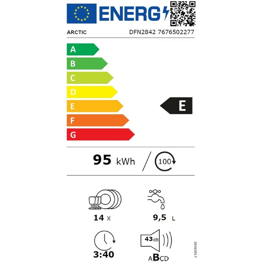 Masina de spalat vase independenta ARCTIC DFN2842, 14 seturi, 8 programe, 60 cm, Clasa E, alb
