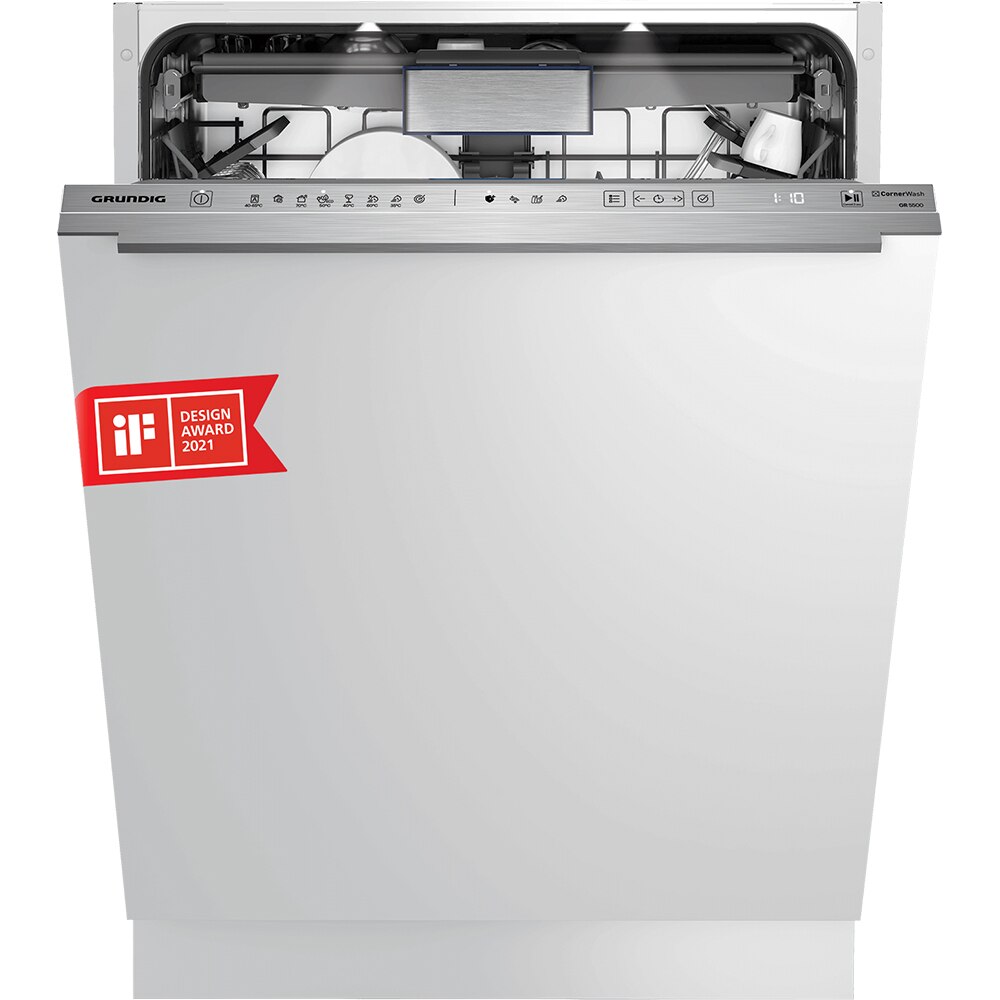 Masina de spalat vase incorporabila GRUNDIG GNVP3630B, CornerWash, 16 seturi, 8 programe, 60 cm, Clasa C, panou comanda inox