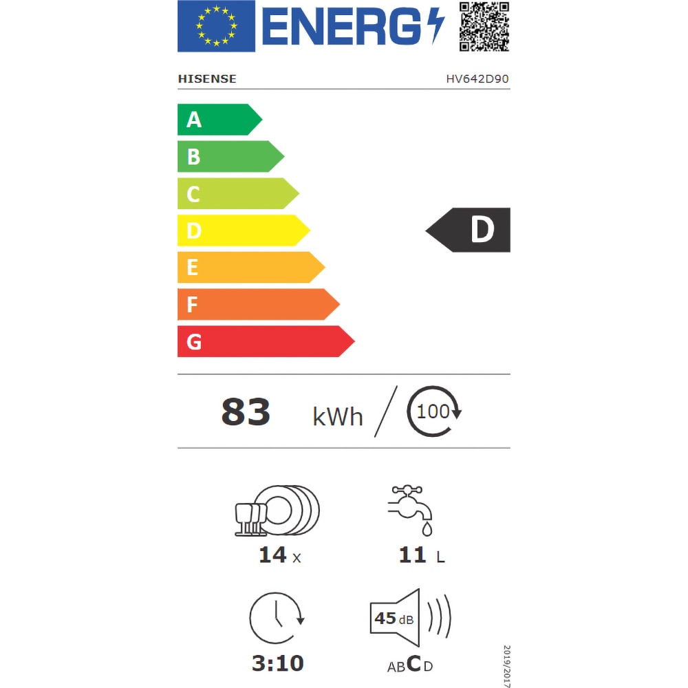 Masina de spalat vase incorporabila HISENSE HV642D90, 14 seturi, 6 programe, 60 cm, Clasa D, panou comanda argintiu
