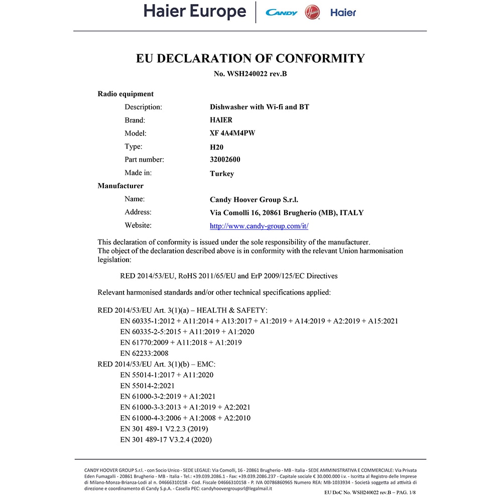 Masina de spalat vase independenta HAIER XF 4A4M4PW, 14 seturi, 10 programe, 60 cm, Clasa A, alb