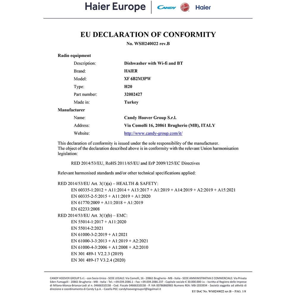 Masina de spalat vase independenta HAIER XF 6B2M3PW, 16 seturi, 10 programe, 60 cm, Clasa B, alb