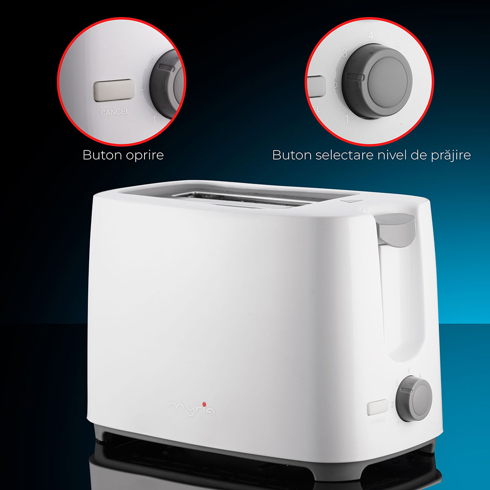 Prajitor de paine MYRIA MY4016, 2 felii, 700W, alb-gri