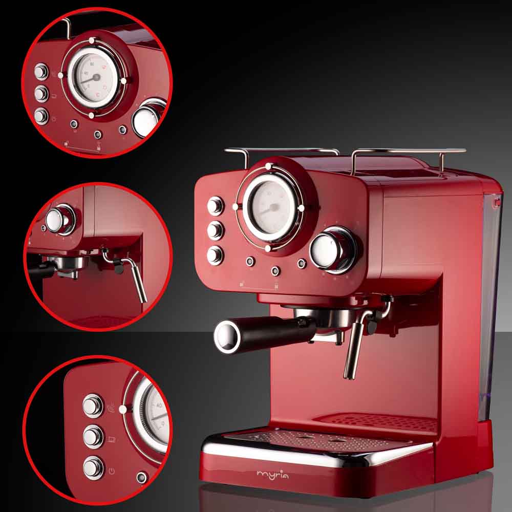 Espressor manual MYRIA MY4052, 1.25l, 1100W, 15 bar, rosu-argintiu